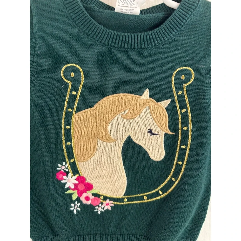 Gymboree Horse Sweater 6-12 Months Green Horseshoe Floral Knit Baby Girls